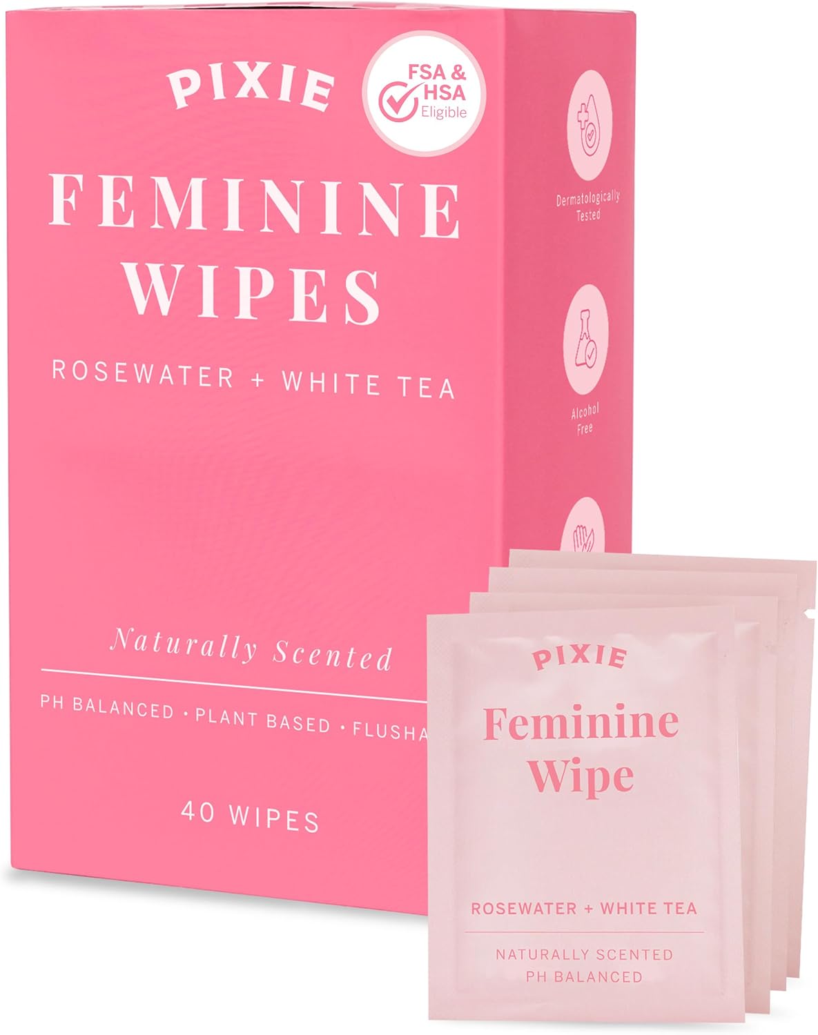 Pixie Feminine Wipes – Naturally Scented Rosewater + White Tea – Flushable, Biodegradable & Ph Balanced – Individually Wrapped Wipes for On-The-Go – Cleaner for Menstrual Cups & Discs (2 Packs of 20)