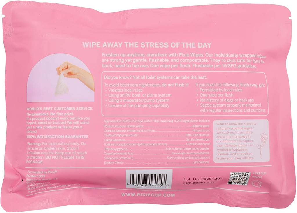 Pixie Feminine Wipes – Naturally Scented Rosewater + White Tea – Flushable, Biodegradable & Ph Balanced – Individually Wrapped Wipes for On-The-Go – Cleaner for Menstrual Cups & Discs (2 Packs of 20)