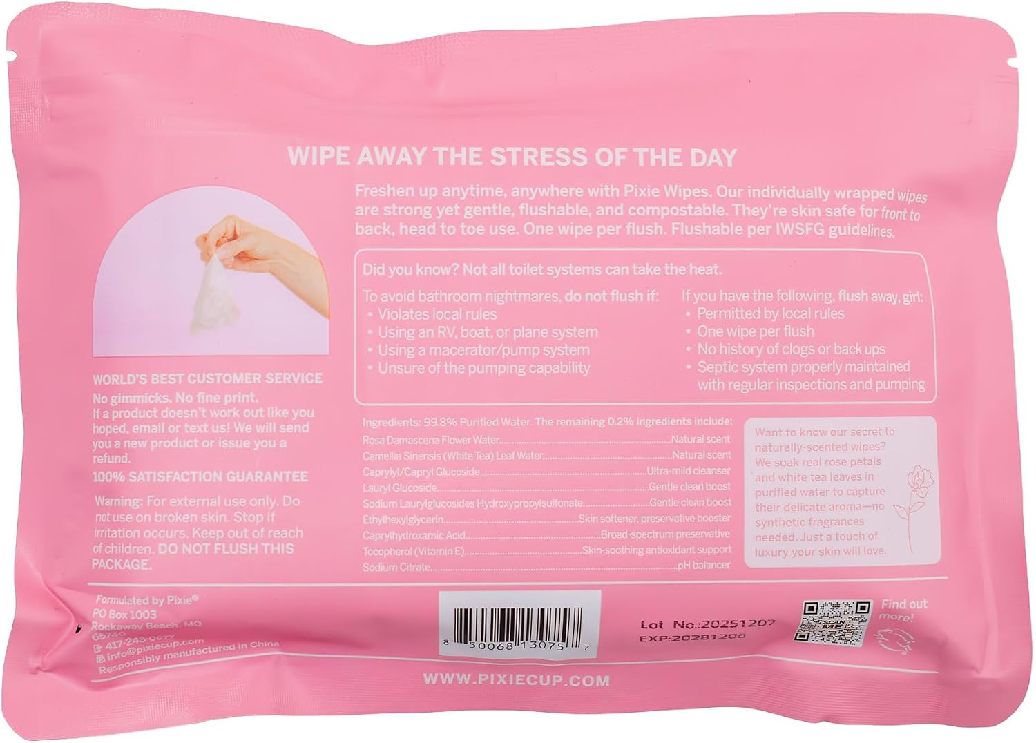 Pixie Feminine Wipes – Naturally Scented Rosewater + White Tea – Flushable, Biodegradable & Ph Balanced – Individually Wrapped Wipes for On-The-Go – Cleaner for Menstrual Cups & Discs (2 Packs of 20)