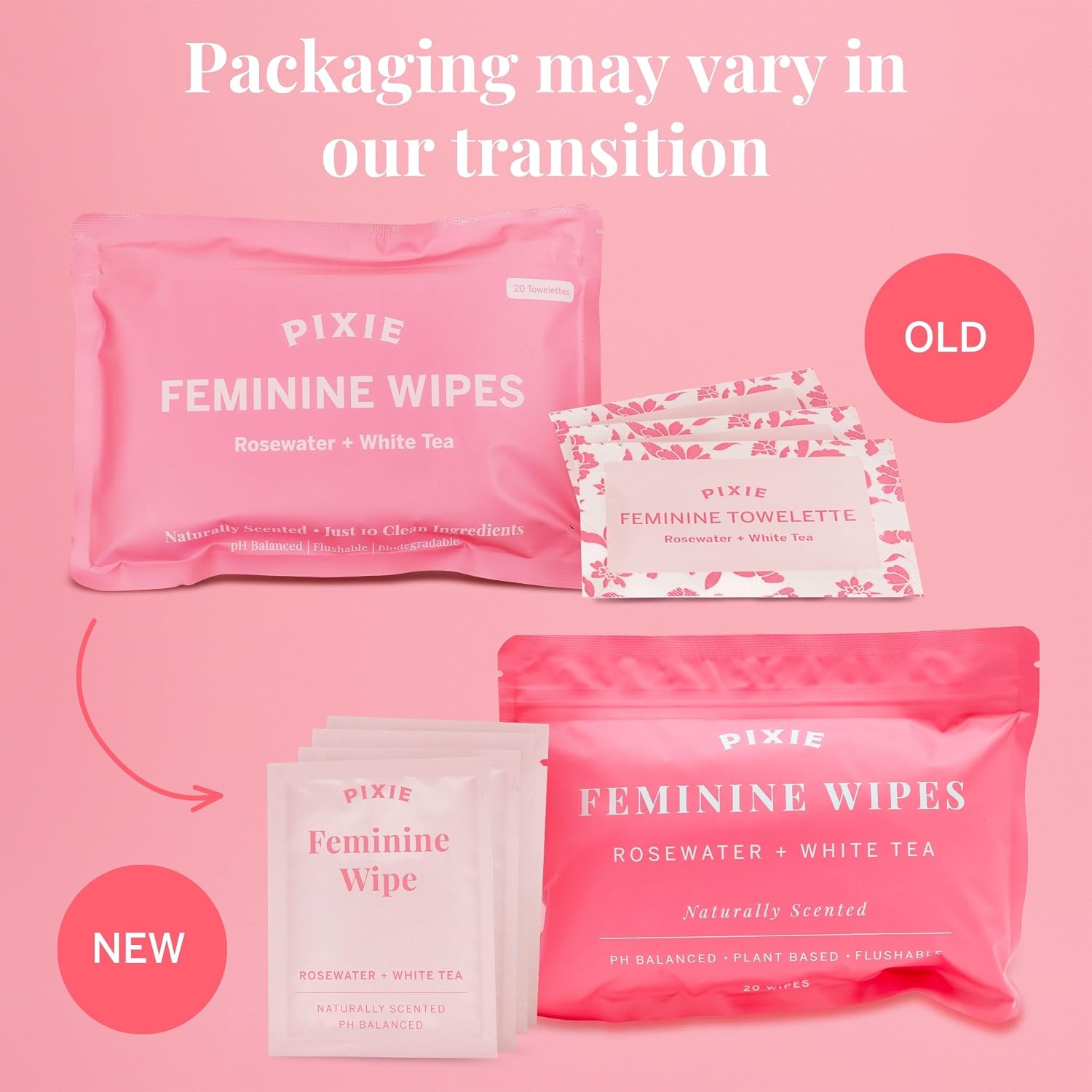 Pixie Feminine Wipes – Naturally Scented Rosewater + White Tea – Flushable, Biodegradable & Ph Balanced – Individually Wrapped Wipes for On-The-Go – Cleaner for Menstrual Cups & Discs (2 Packs of 20)